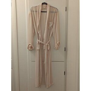 1980's Victoria Secret Sheer Beige Long Robe With Tie Waist & Pocket Detail